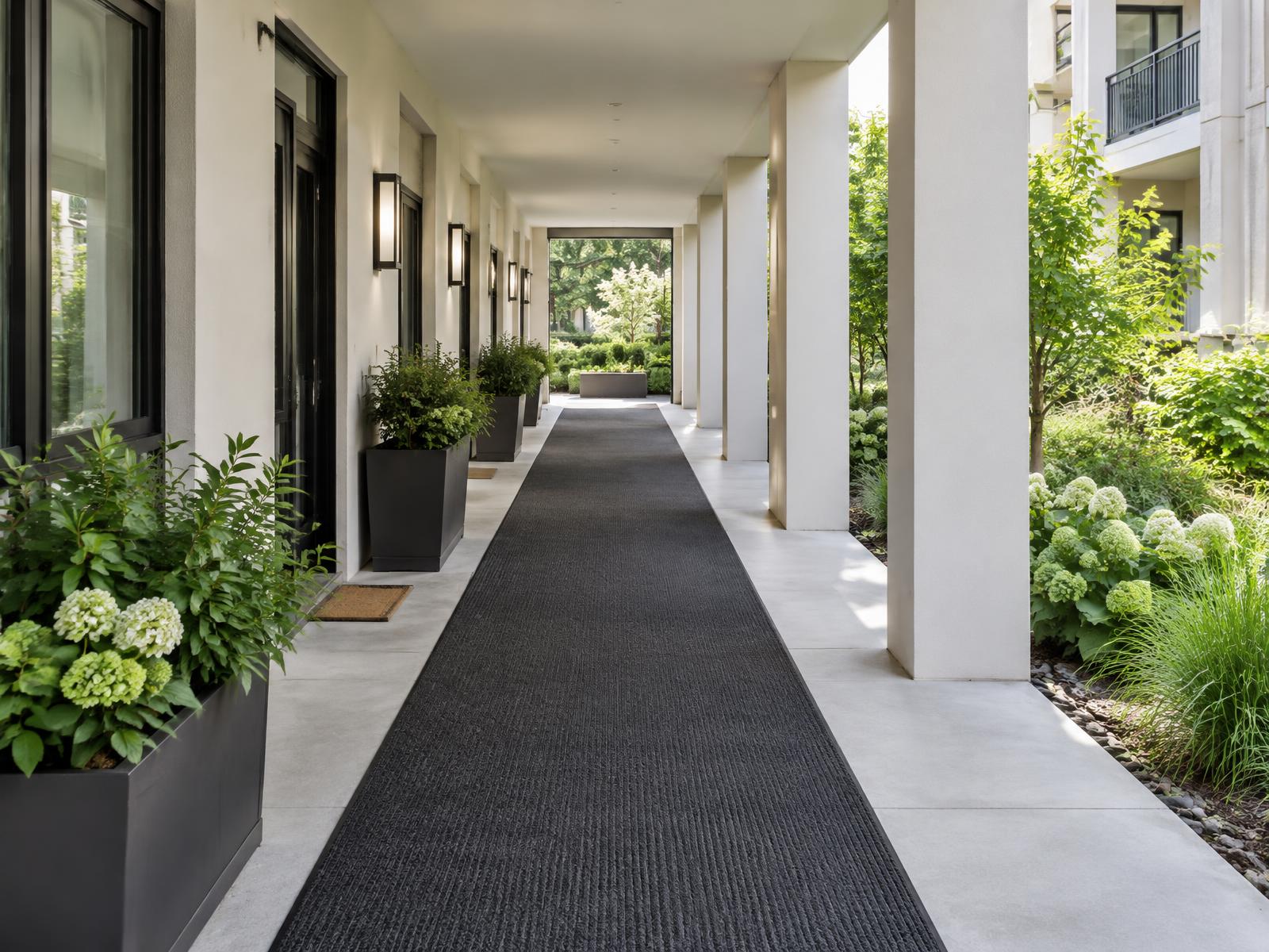Covered breezeway lined with Athena EXT exterior walkoff matting