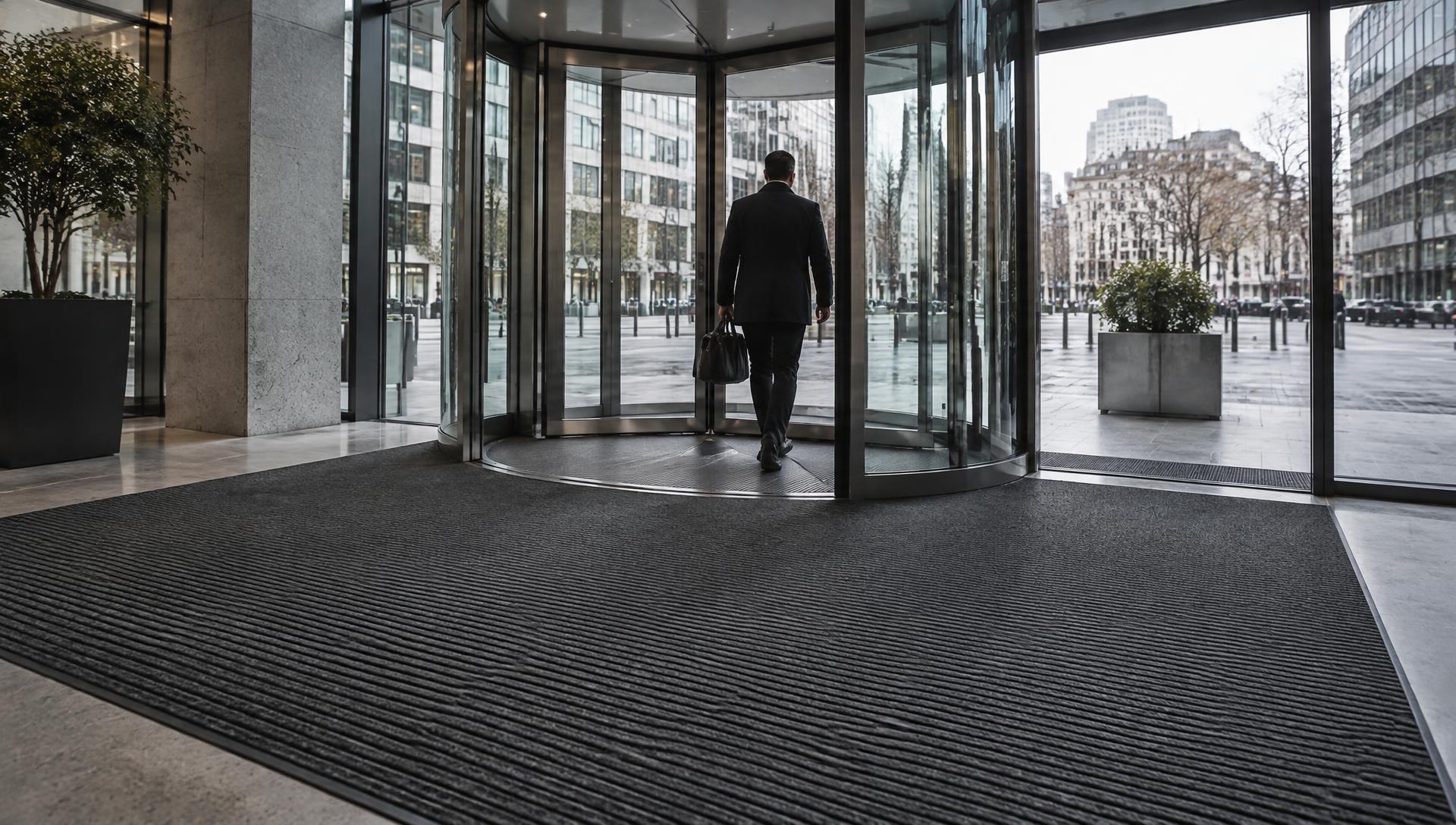 Commercial building entrance with dark Athena entrance matting